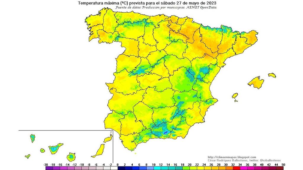 Temperaturas máximas previstas para el sábado 27