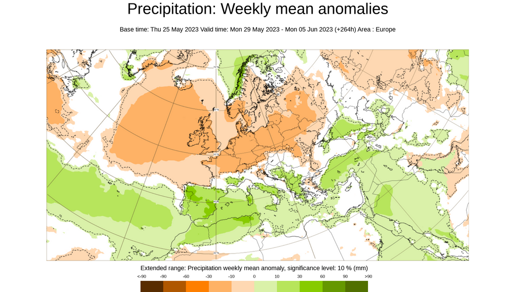 Anomalía de la precipitación prevista para la semana que viene