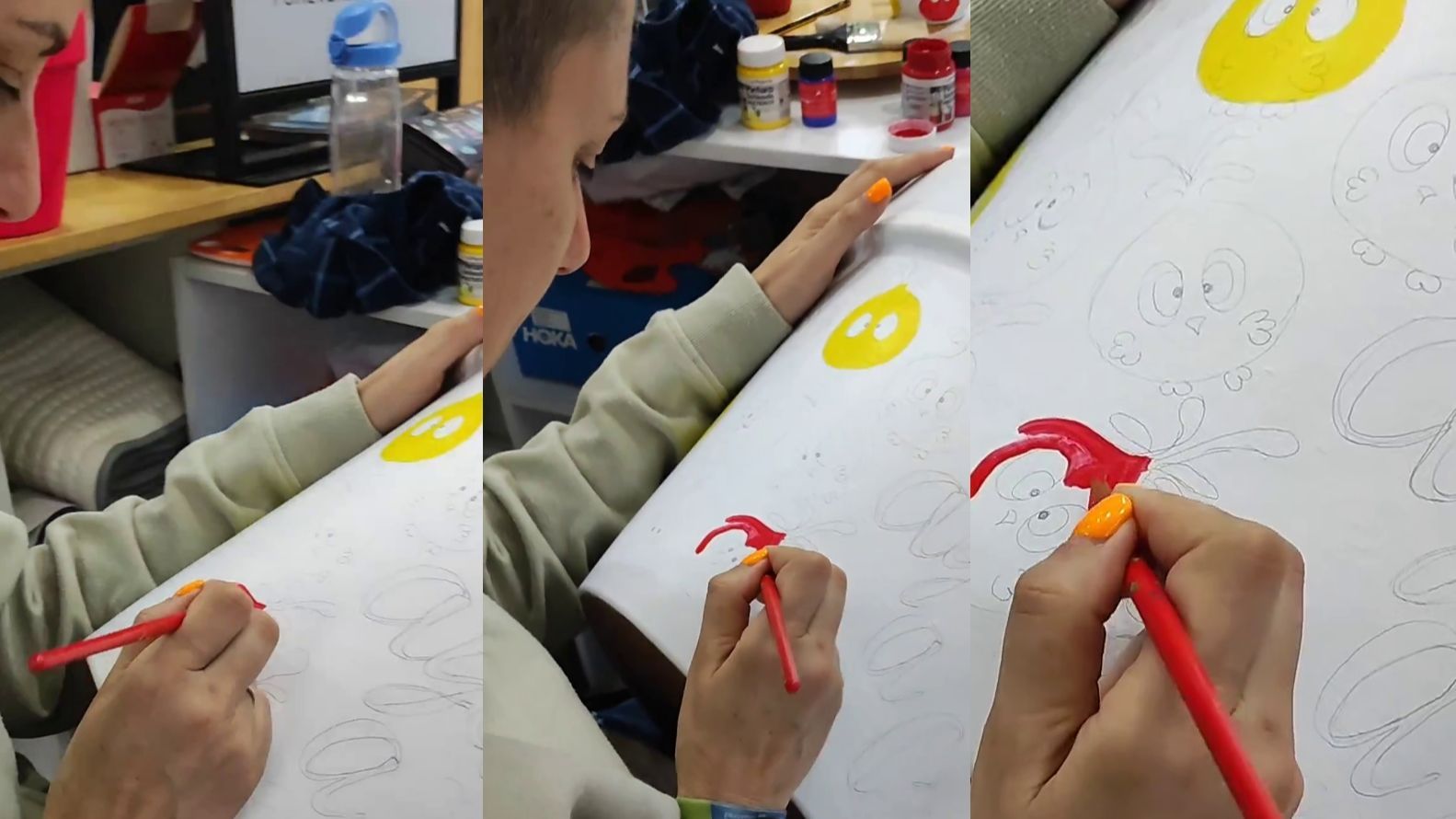 Elia Muñoz, pintando una de sus macetas