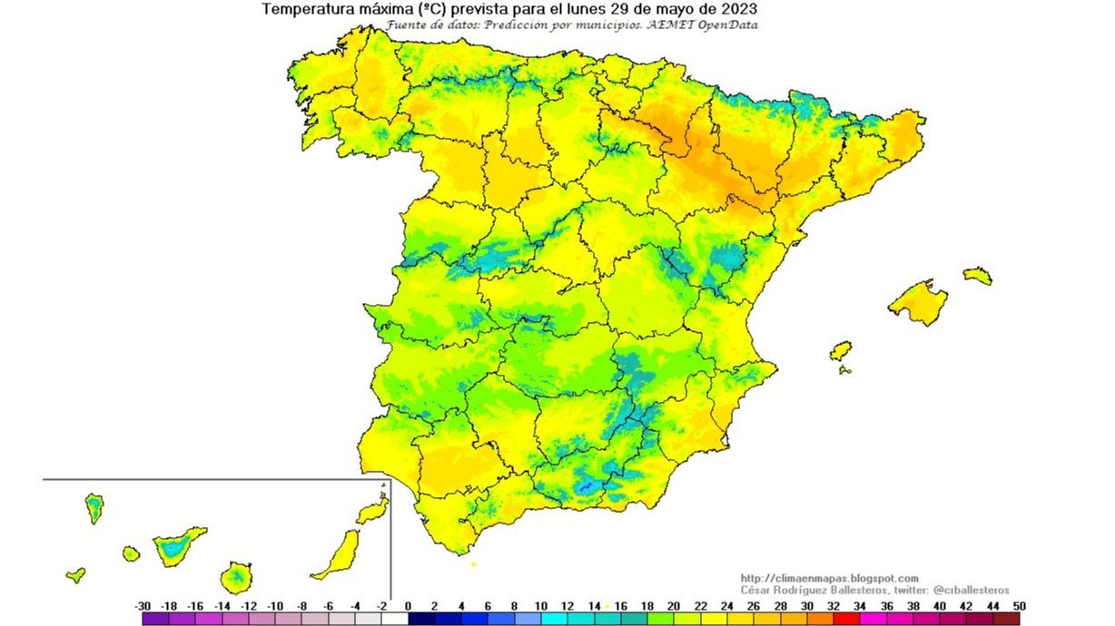Temperaturas máximas previstas para el lunes