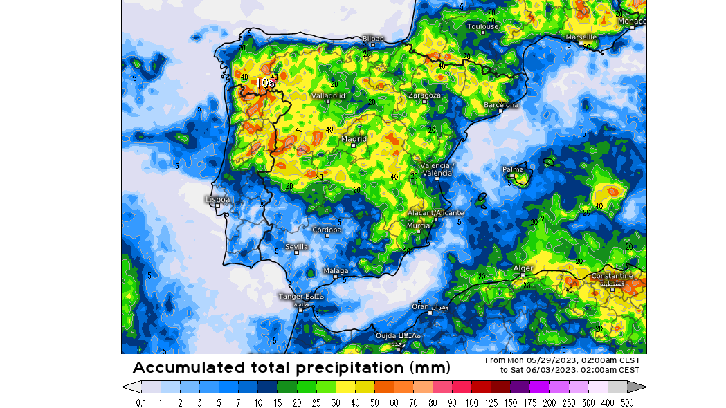 Precipitación prevista hasta las 2 am del sábado, 3 de junio