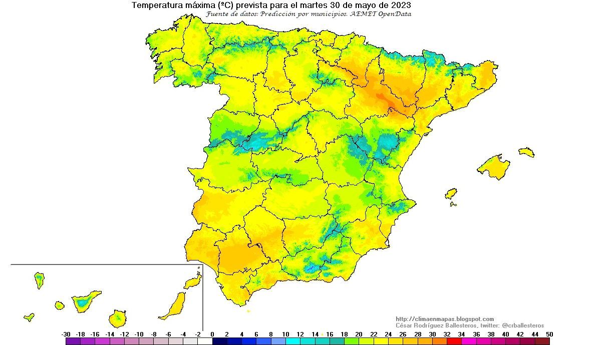 Temperaturas máximas previstas para el martes 30