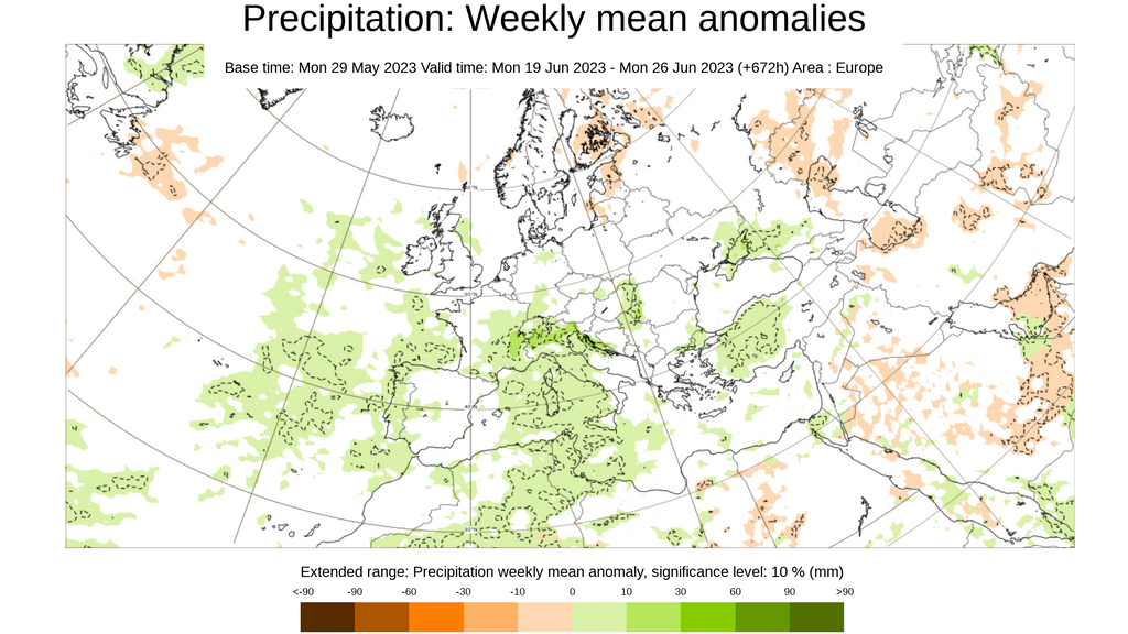 Anomalía de la precipitación prevista para la semana del 19 al 25 de junio