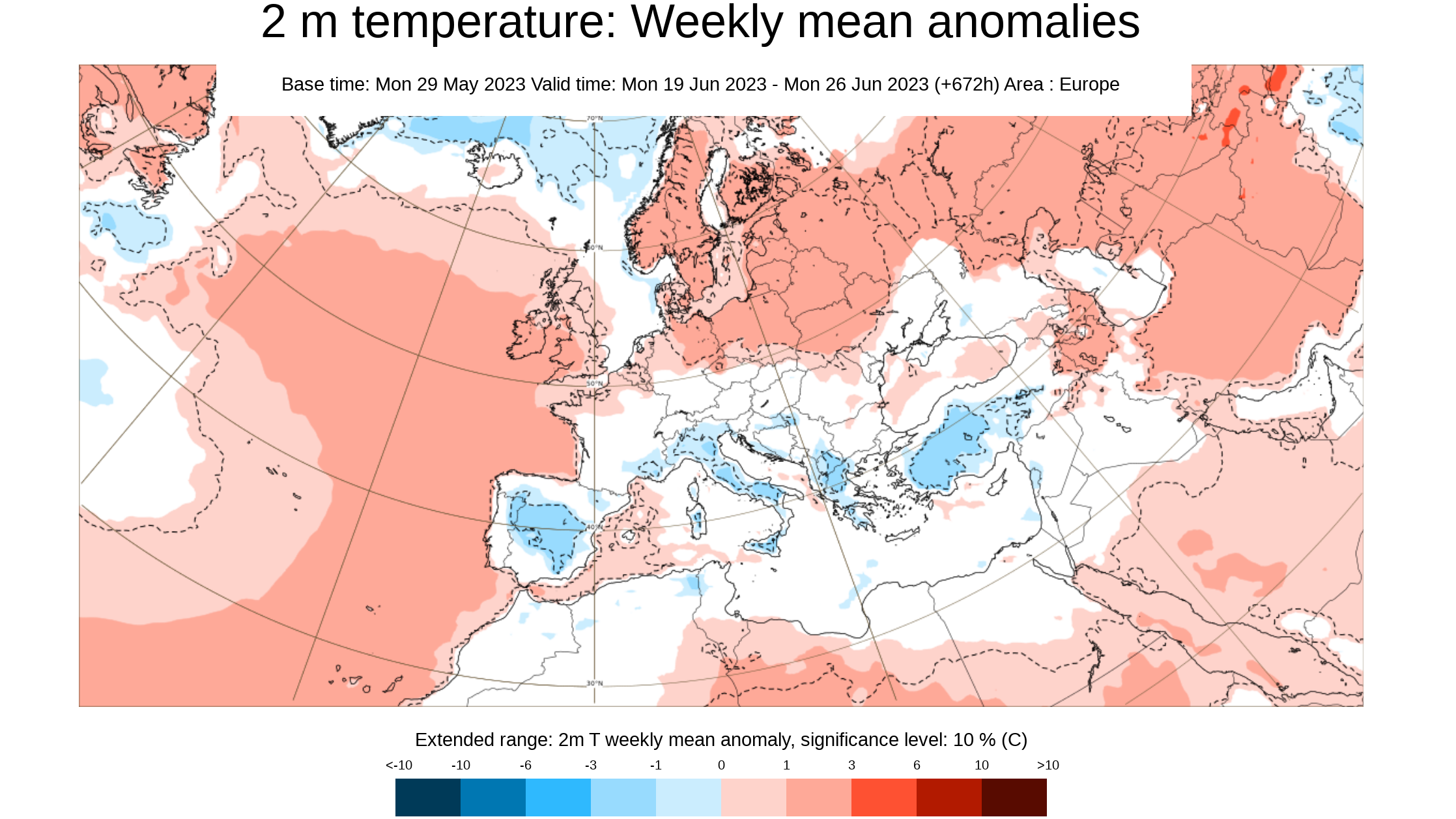 Anomalía de la temperatura prevista para la semana del 19 al 25 de junio
