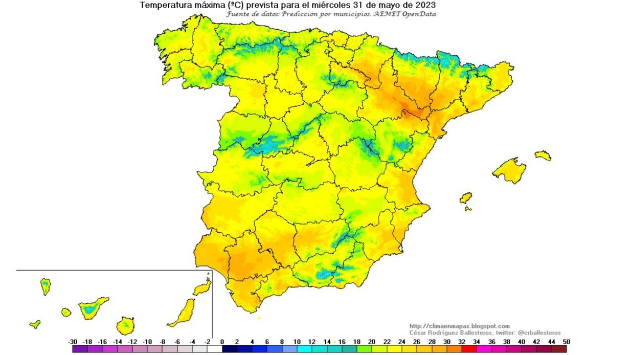 Temperaturas máximas previstas para el miércoles 31 mayo