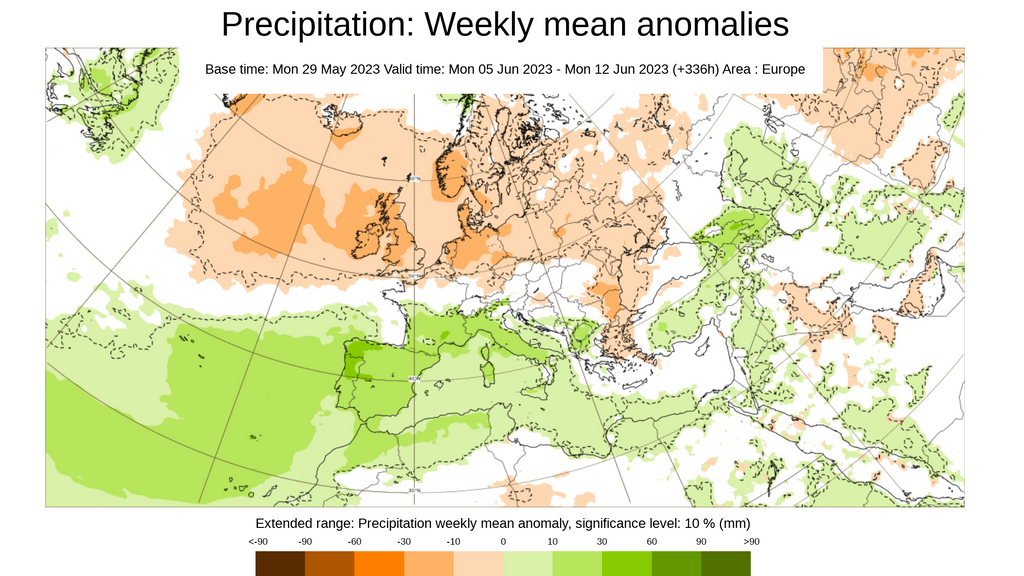 Anomalía de la precipitación prevista del 5 al 11 de junio