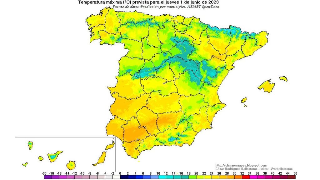 Temperaturas máximas previstas para el jueves 1 de junio