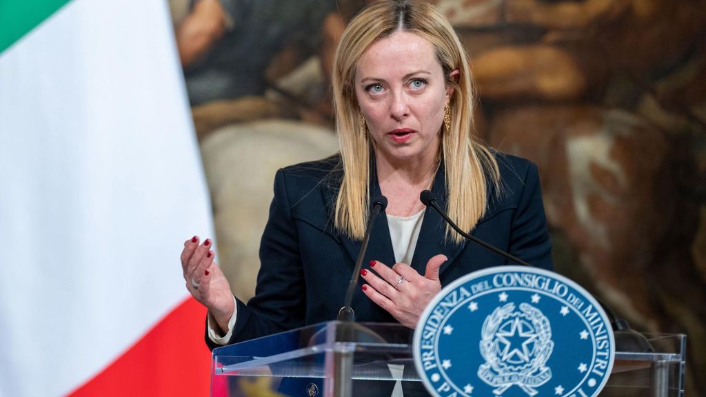 02 May 2023, Italy, Rome: Italian Prime Minister Giorgia Meloni speaks during a press conference with Austrian Chancellor Karl Nehammer (Not Pictured) after their meeting. Photo: Georg Hochmuth/APA/dpa