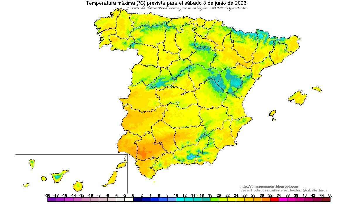 Temperaturas máximas previstas para el sábado 3 de junio