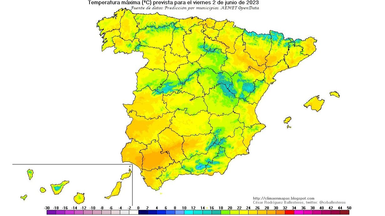 Temperaturas máximas previstas para el viernes