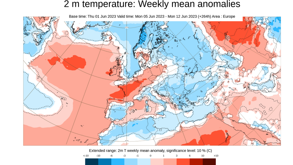 Anomalía de la temperatura prevista del 5 al 11 de junio