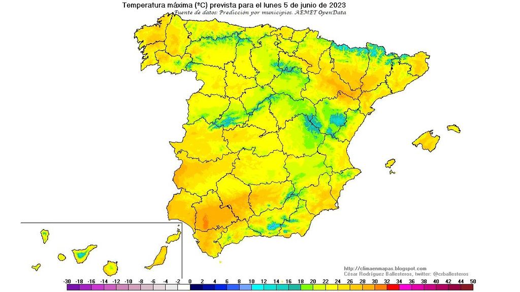 Temperaturas máximas previstas para el lunes