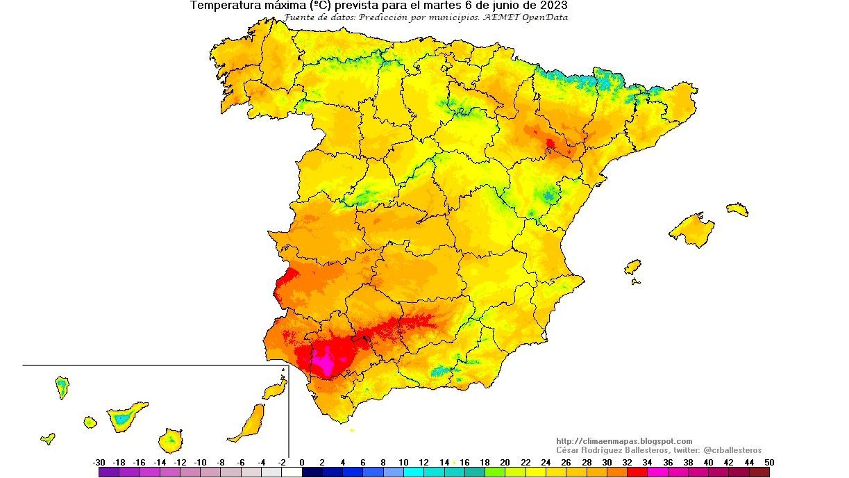 Temperaturas máximas previstas para el martes 6