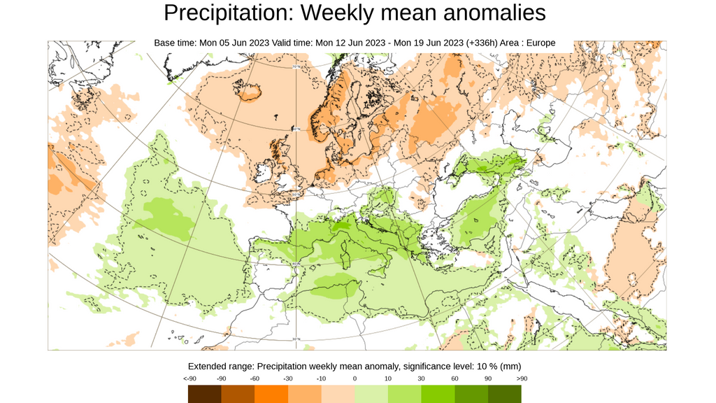 Anomalía de la precipitación prevista la semana que viene