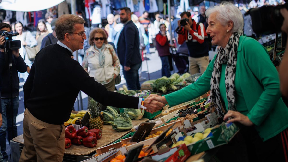 Feijóo visita un mercadillo en Alcorcón durante la campaña del 28M