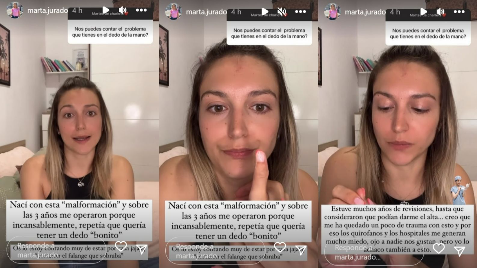 Marta Jurado muestra su dedo tras haberse sometido a una operación estética a los tres años