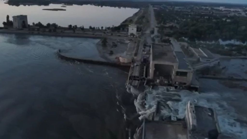 **VIDEO AVAILABLE: CONTACT INFO@COVERMG.COM TO RECEIVE**..Footage shared by Volodymyr Zelensky on Tuesday morning (6June2023) claims to show water surging through the destroyed Kakhovka hydroelectric power plant dam..Ukraine has accused Russian forces of blowing up the major dam, which is situated in an area of the southern Ukrainian region of Kherson that is occupied by Russian troops..The dam holds back water equal to the Great Salt Lake in the US. It was built River in 1956 and in addition to powering the hydroelectric plant it provides water to the south of the country, including Crimea. Water provided by the dam is also used to cool the Zaporizhzhia Nuclear Power Station..In a statement shared alongside the video, Zelensky said: “Russian terrorists. The destruction of the Kakhovka hydroelectric power plant dam only confirms for the whole world that they must be expelled from every corner of Ukrainian land. Not a single metre should be left to them, because they use every metre for terror. .“It’s only Ukraine's victory that will return security. And this victory will come. The terrorists will not be able to stop Ukraine with water, missiles or anything else.”.He went on to add that he had convened his country’s National Security and Defense Council. .According to officials from the Kherson regional military administration, about 16,000 people are in a ''critical zone” on the right bank of the river and will be swiftly evacuated..Ukrainian authorities say the situation at the Zaporizhzhia plant, which has been occupied by Russian troops since last year, is “under control”, but have raised fears that this could change if the plant’s cooling pond starts to empty...Where: Kakhovka, Kherson Oblast, Ukraine.When: 06 Jun 2023.Credit: Office of the President of Ukraine/Cover Images..**EDITORIAL USE ONLY. MATERIALS ONLY TO BE USED IN CONJUNCTION WITH EDITORIAL STORY. THE USE OF THESE MATERIALS FOR ADVERTISING, MARKETING OR ANY OTHER COMMERCIAL PURPOSE IS STRICTLY PROHIBITED. MATERIAL COPYRIGHT REMAINS WITH STATED SUPPLIER.**