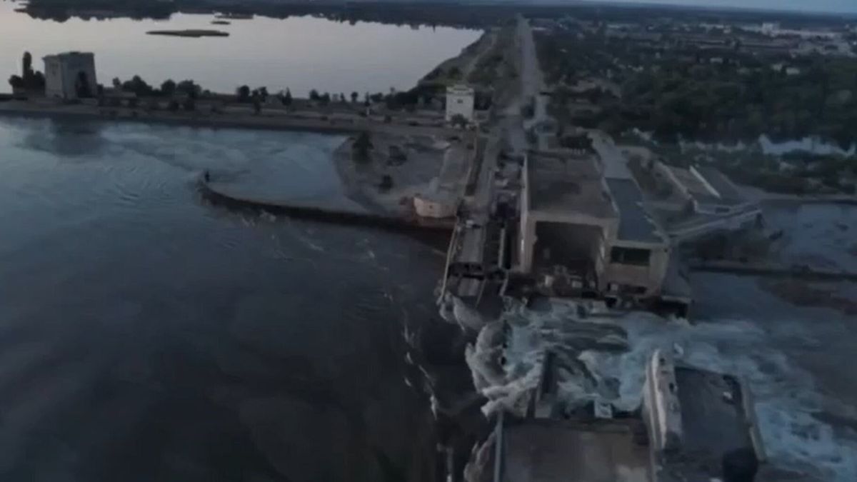 **VIDEO AVAILABLE: CONTACT INFO@COVERMG.COM TO RECEIVE**..Footage shared by Volodymyr Zelensky on Tuesday morning (6June2023) claims to show water surging through the destroyed Kakhovka hydroelectric power plant dam..Ukraine has accused Russian forces of blowing up the major dam, which is situated in an area of the southern Ukrainian region of Kherson that is occupied by Russian troops..The dam holds back water equal to the Great Salt Lake in the US. It was built River in 1956 and in addition to powering the hydroelectric plant it provides water to the south of the country, including Crimea. Water provided by the dam is also used to cool the Zaporizhzhia Nuclear Power Station..In a statement shared alongside the video, Zelensky said: “Russian terrorists. The destruction of the Kakhovka hydroelectric power plant dam only confirms for the whole world that they must be expelled from every corner of Ukrainian land. Not a single metre should be left to them, because they use every metre for terror. .“It’s only Ukraine's victory that will return security. And this victory will come. The terrorists will not be able to stop Ukraine with water, missiles or anything else.”.He went on to add that he had convened his country’s National Security and Defense Council. .According to officials from the Kherson regional military administration, about 16,000 people are in a ''critical zone” on the right bank of the river and will be swiftly evacuated..Ukrainian authorities say the situation at the Zaporizhzhia plant, which has been occupied by Russian troops since last year, is “under control”, but have raised fears that this could change if the plant’s cooling pond starts to empty...Where: Kakhovka, Kherson Oblast, Ukraine.When: 06 Jun 2023.Credit: Office of the President of Ukraine/Cover Images..**EDITORIAL USE ONLY. MATERIALS ONLY TO BE USED IN CONJUNCTION WITH EDITORIAL STORY. THE USE OF THESE MATERIALS FOR ADVERTISING, MARKETING OR ANY OTHER COMMERCIAL PURPOSE IS STRICTLY PROHIBITED. MATERIAL COPYRIGHT REMAINS WITH STATED SUPPLIER.** **VIDEO AVAILABLE: CONTACT INFO@COVERMG.COM TO RECEIVE**..Footage shared by Volodymyr Zelensky on Tuesday morning (6June2023) claims to show water surging through the destroyed Kakhovka hydroelectric power plant dam..Ukraine has accused Russian forces of blowing up the major dam, which is situated in an area of the southern Ukrainian region of Kherson that is occupied by Russian troops..The dam holds back water equal to the Great Salt Lake in the US. It was built River in 1956 and in addition to powering the hydroelectric plant it provides water to the south of the country, including Crimea. Water provided by the dam is also used to cool the Zaporizhzhia Nuclear Power Station..In a statement shared alongside the video, Zelensky said: “Russian terrorists. The destruction of the Kakhovka hydroelectric power plant dam only confirms for the whole world that they must be expelled from every corner of Ukrainian land. Not a single metre should be left to them, because they use every metre for terror. .“It’s only Ukraine's victory that will return security. And this victory will come. The terrorists will not be able to stop Ukraine with water, missiles or anything else.”.He went on to add that he had convened his country’s National Security and Defense Council. .According to officials from the Kherson regional military administration, about 16,000 people are in a ''critical zone” on the right bank of the river and will be swiftly evacuated..Ukrainian authorities say the situation at the Zaporizhzhia plant, which has been occupied by Russian troops since last year, is “under control”, but have raised fears that this could change if the plant’s cooling pond starts to empty...Where: Kakhovka, Kherson Oblast, Ukraine.When: 06 Jun 2023.Credit: Office of the President of Ukraine/Cover Images..**EDITORIAL USE ONLY. MATERIALS ONLY TO BE USED IN CONJUNCTION WITH EDITORIAL STORY. THE USE OF THESE MATERIALS FOR ADVERTISING, MARKETING OR ANY OTHER COMMERCIAL PURPOSE IS STRICTLY PROHIBITED. MATERIAL COPYRIGHT REMAINS WITH STATED SUPPLIER.**