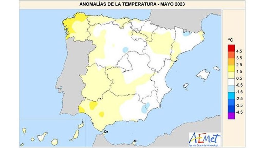 Anomalías de las temperaturas en mayo de 2023 con respecto al período de referencia 1991-2020