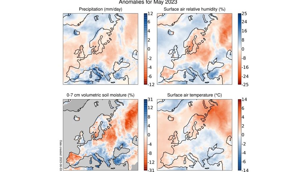 Anomalías en la precipitación, la humedad relativa del aire superficial, el contenido volumétrico de humedad de los 7 cm superiores del suelo y la temperatura del aire superficial para mayo de 2023 con respecto a los promedios de mayo para el período 1991-2020