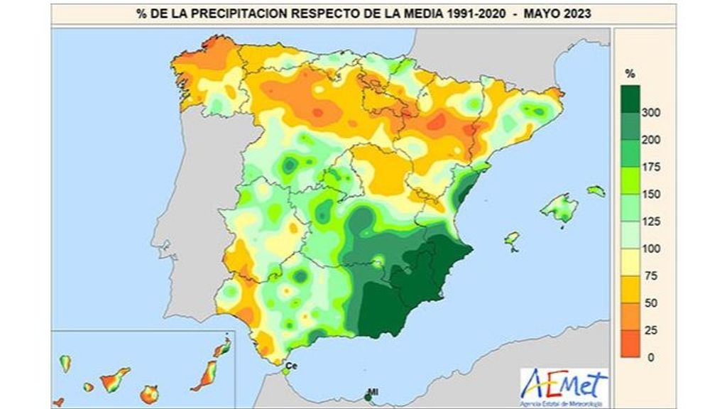 Porcentaje de la precipitación recogida en mayo de 2023 respecto al promedio del período 1991-2020