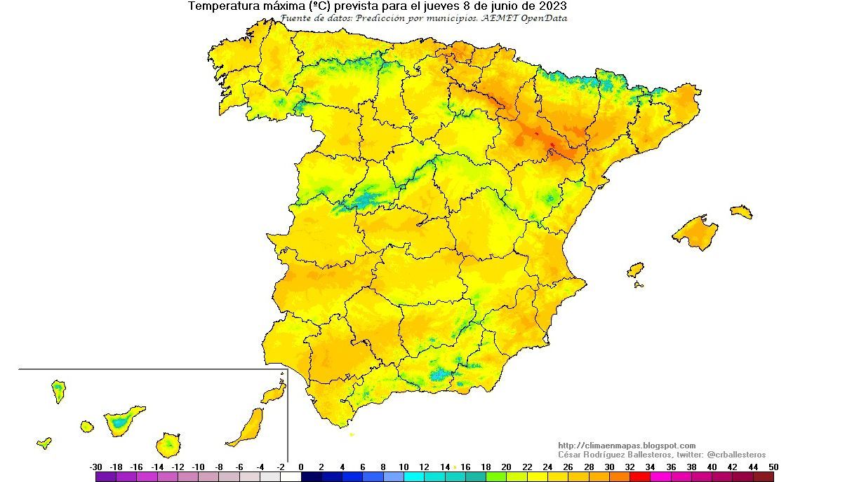 Temperaturas máximas previstas para el jueves 8