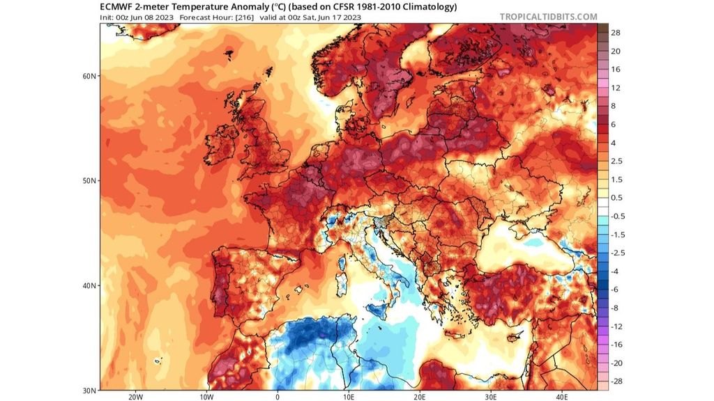 Anomalía de la temperatura en superficie 2m prevista para el sábado 17