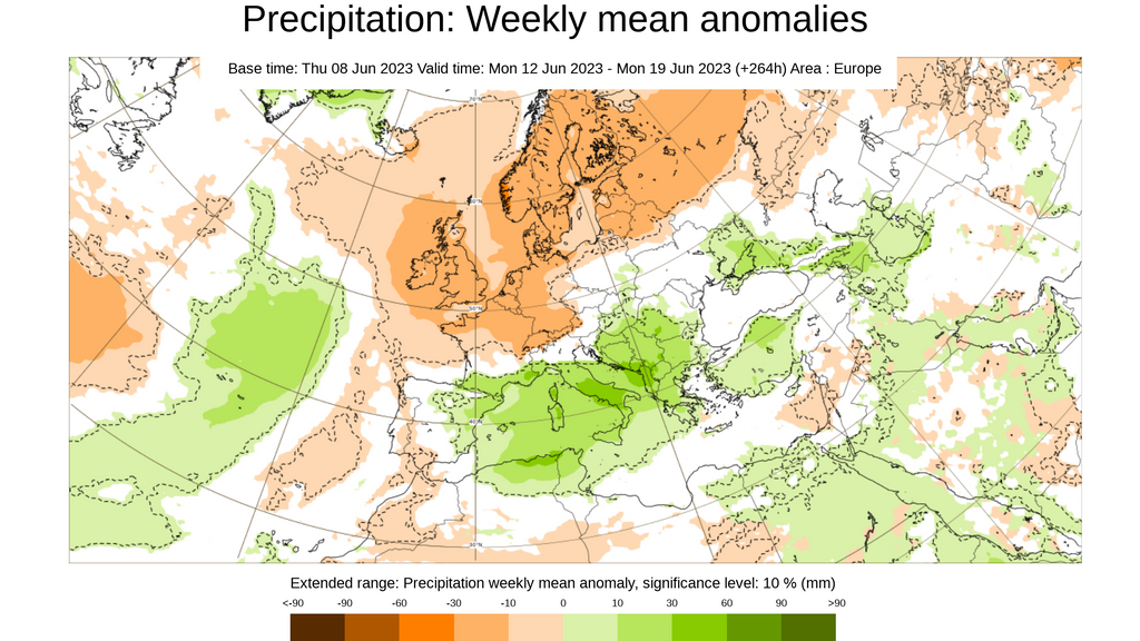 Anomalía de la precipitación prevista la semana del 12 al 18 junio