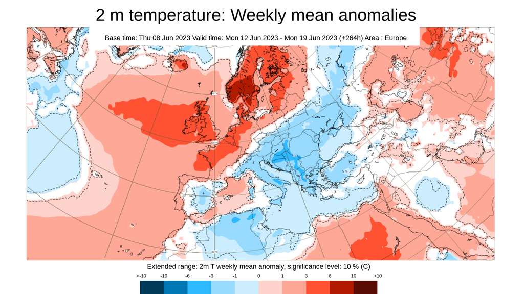 Anomalía de la temperatura prevista la semana del 12 al 18 junio