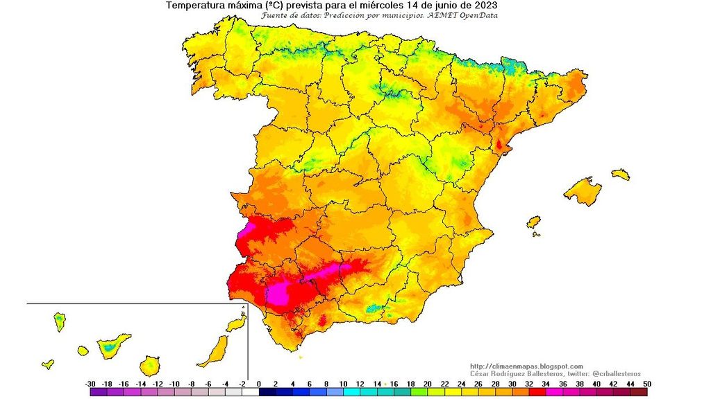 Temperaturas máximas previstas para el miércoles 14