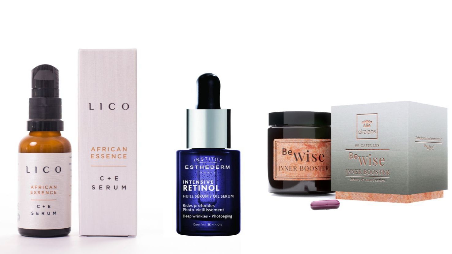 Cápsulas ‘Be Wise’ de Eira Labs (79,90€). E-Serum African Essence, de Lico (43,90€). Intensivo Retinol Sérum de Institut Esthederm (59€).