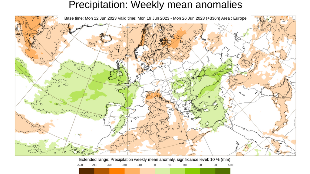 Anomalía de la precipitación prevista la semana del 19 al 25 de junio