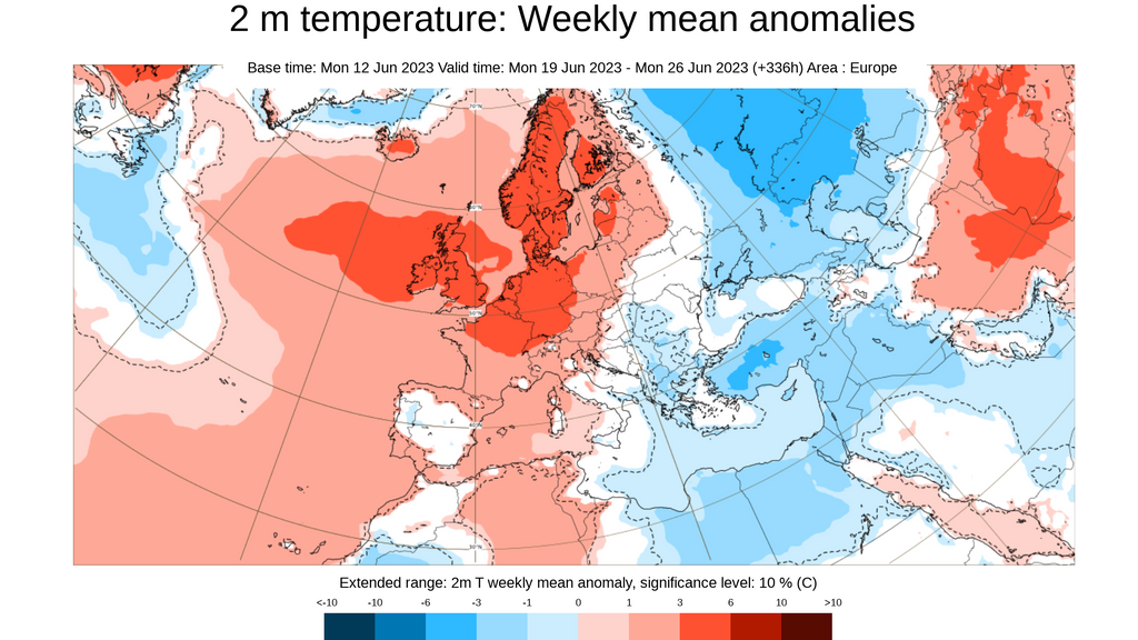 Anomalía de la temperatura prevista la semana del 19 al 25 de junio