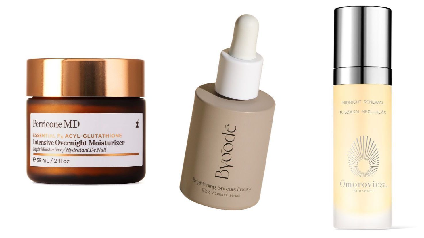 De izda. a dcha.: Acyl-Glutathione Intensive Overnight, de Perricone MD (163,75€). Brightening Sprouts Ecstasy de Byoode (55€). Midnight Renewal, de Omorovicza (170€)