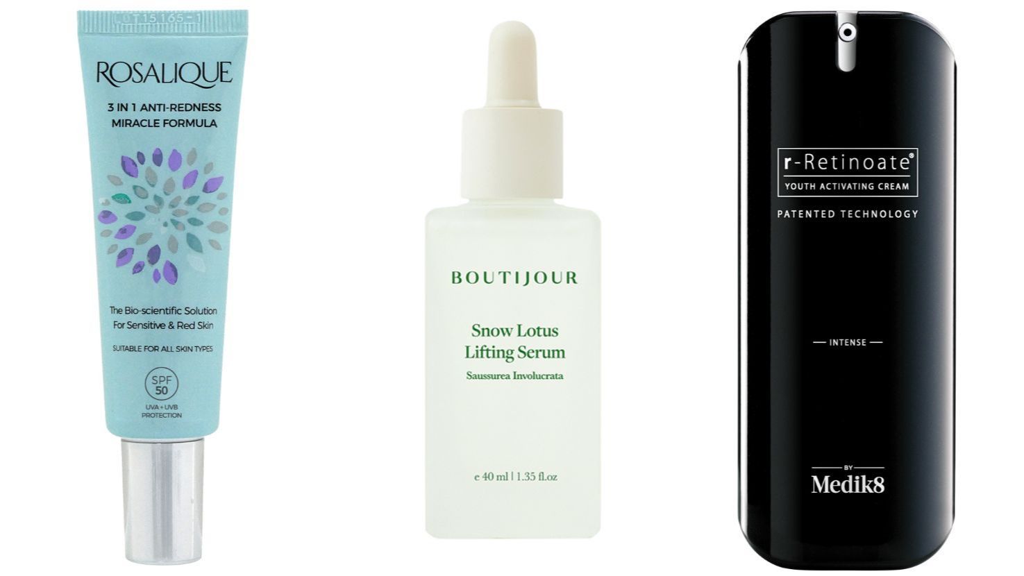De izda. a dcha.: Rosalique 3-in-1 Anti-Redness (34,95€), Snow Lotus Lifting Serum de Boutijour (69€) y R-Retinoate Intense, de Medik8 (279€)