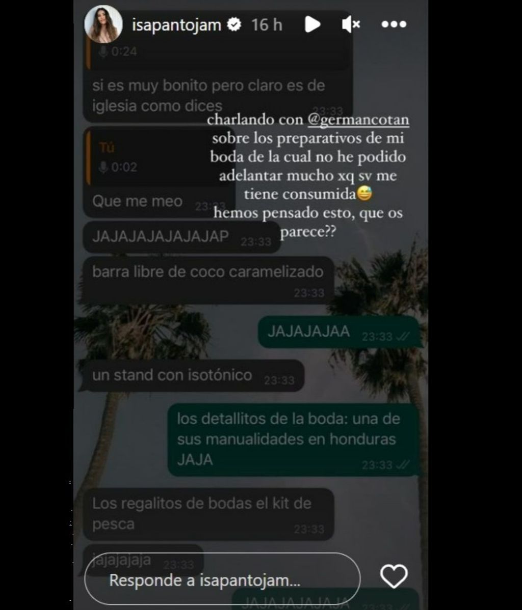 Isa Pantoja bromea con un amigo sobre su boda