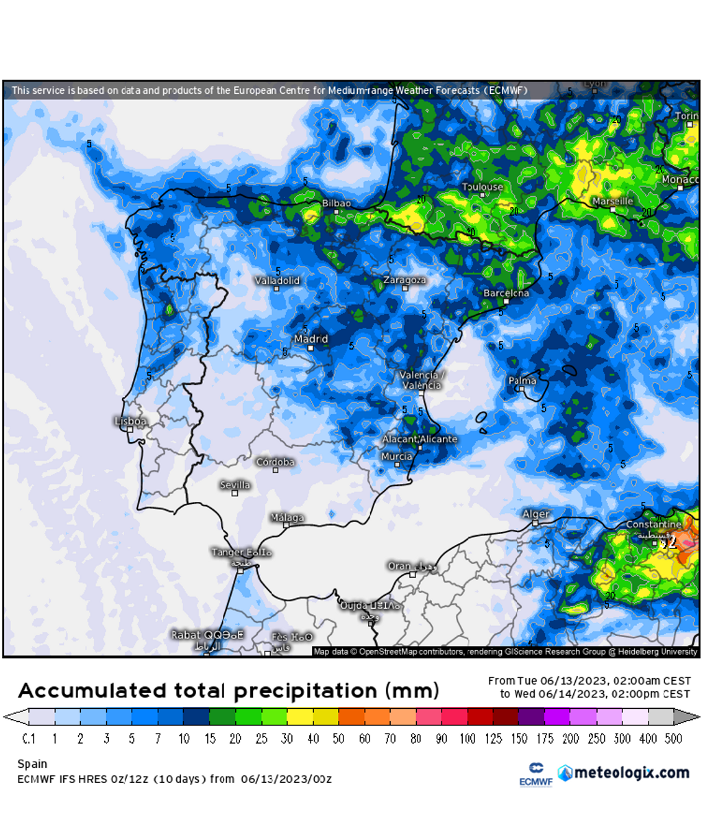 Precipitación prevista hasta el mediodía del miércoles