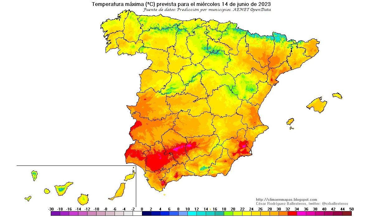 Temperaturas máximas previstas para el miércoles 14