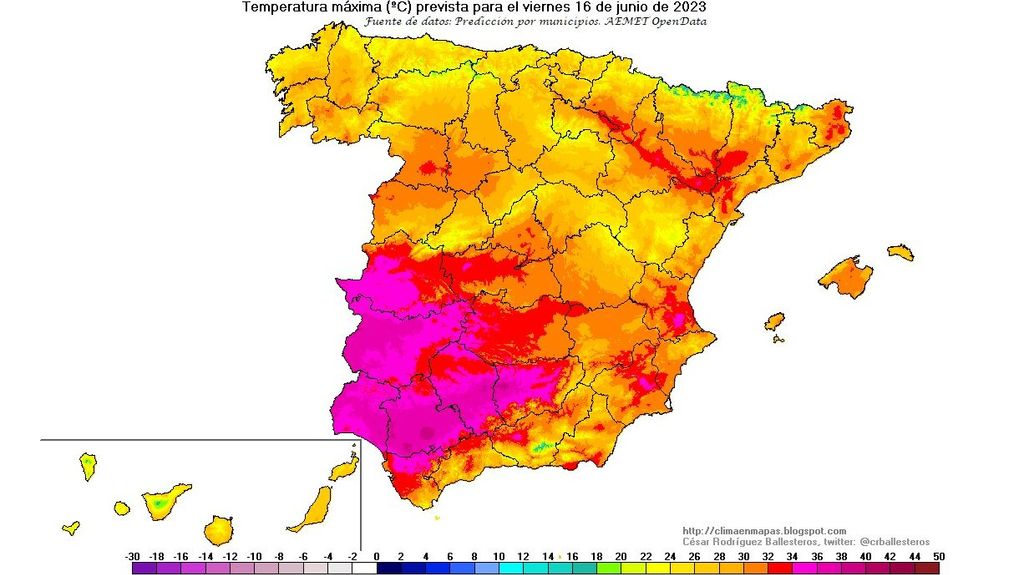 Temperaturas máximas previstas para el viernes 16