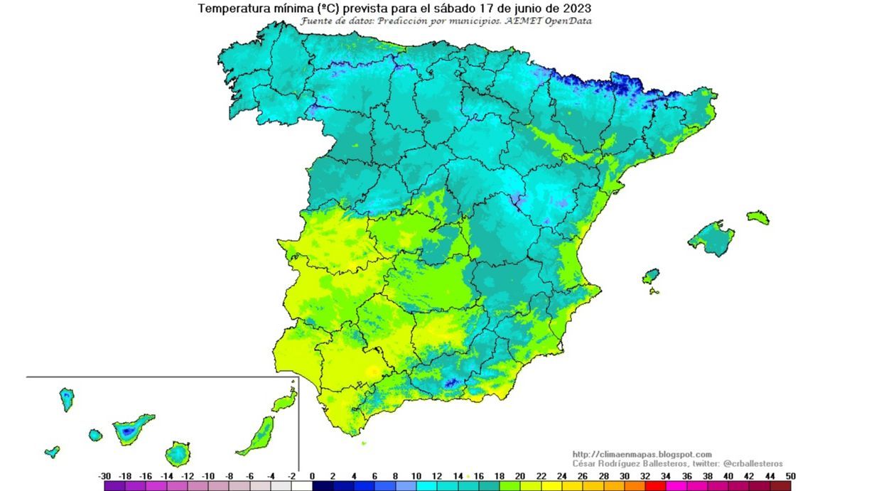 Temperaturas mínimas previstas para la madrugada del sábado 17