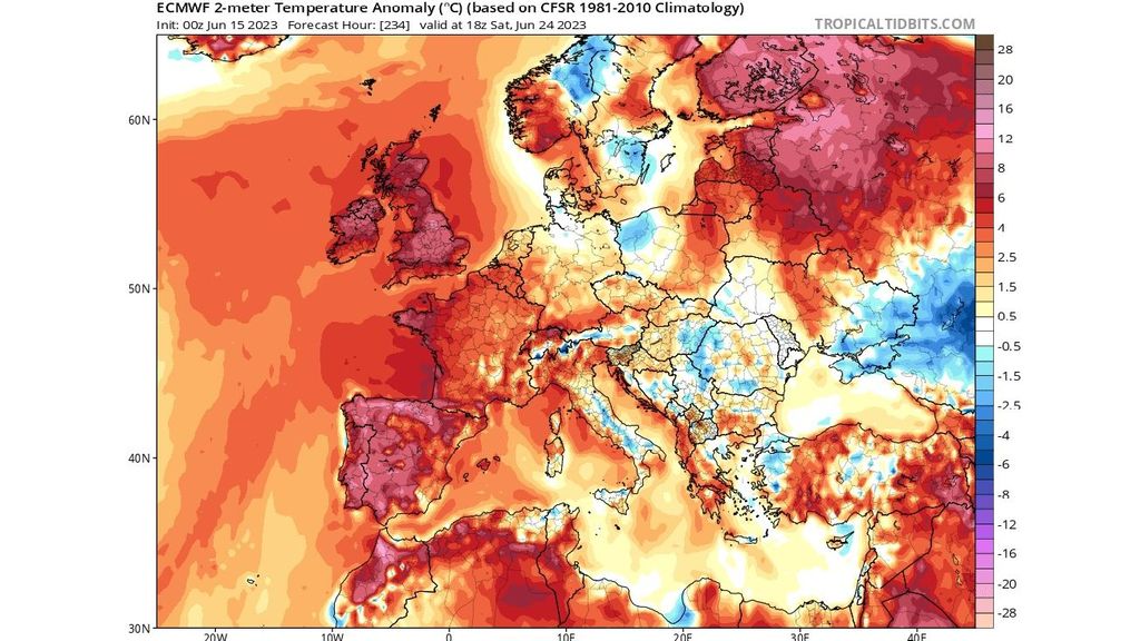 Anomalía de la temperatura en superficie prevista el sábado 24