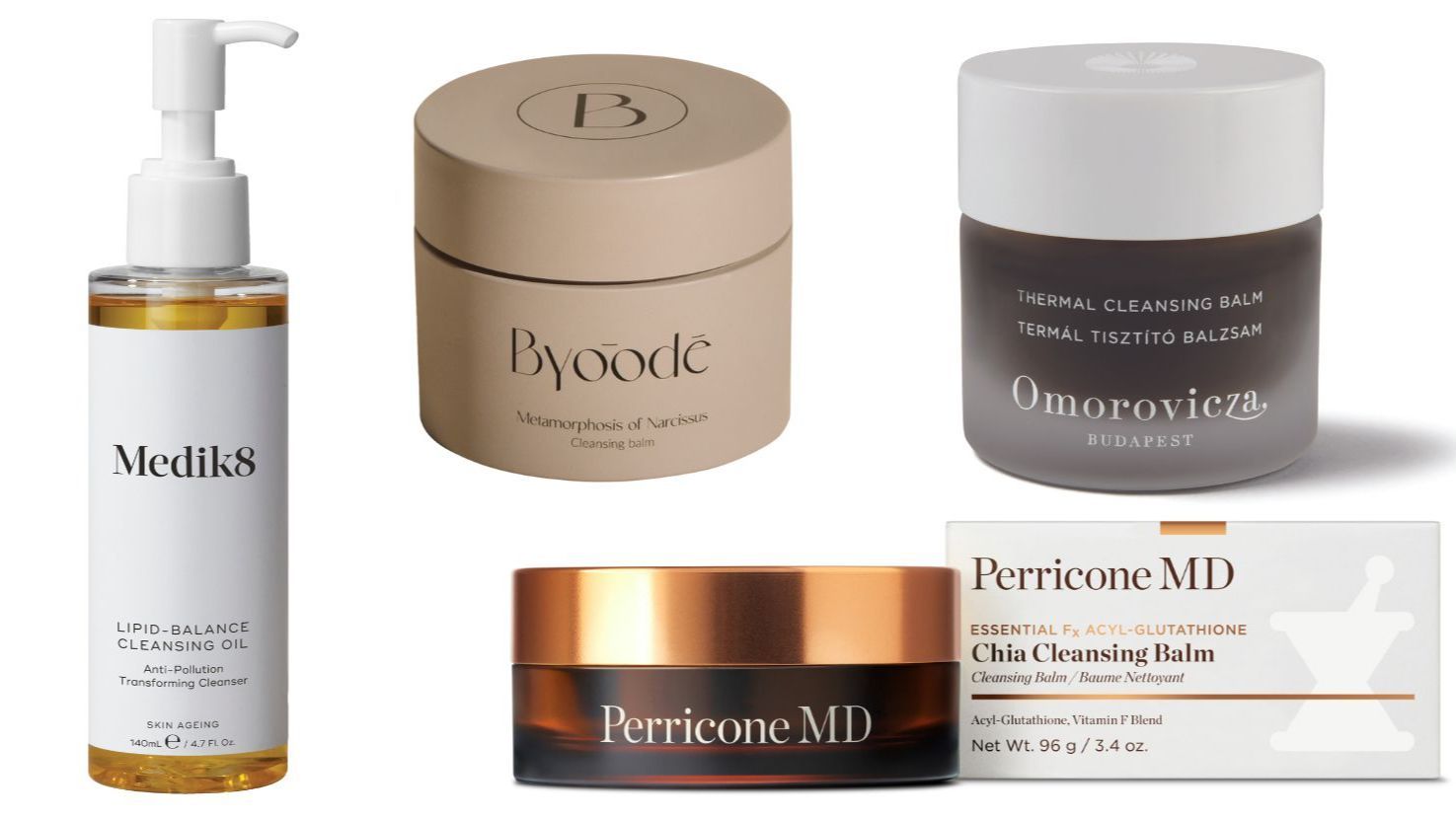 De izda. a dcha: Lipid-Balance Cleansing Oil, de Medik8. Metamorphosis of Narcisus, de Byoode. Thermal Cleansing Balm, de Omorovizka. Cleansing-Balm, de Perricone MD