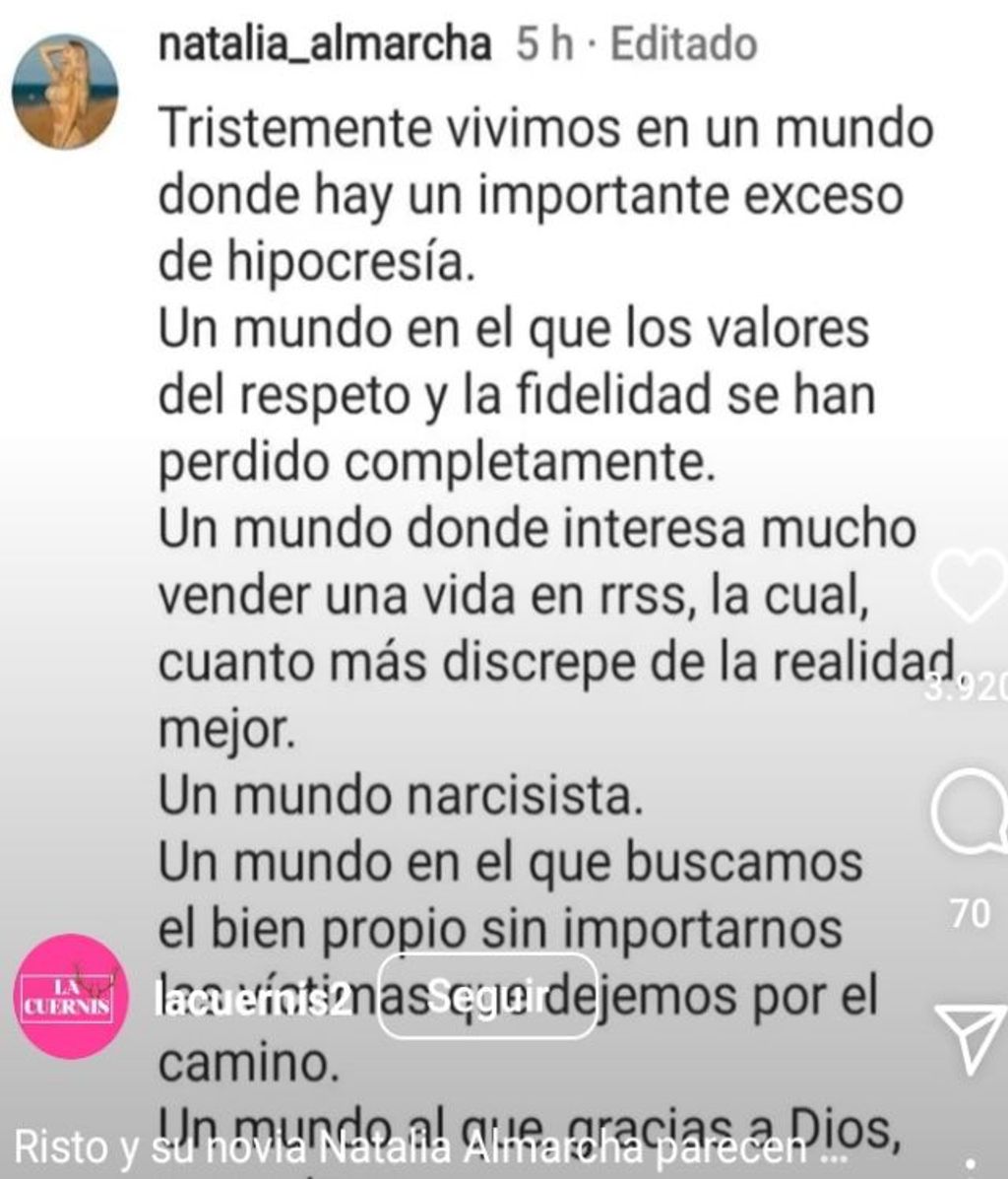 Mensaje de Natalia Almarcha tras su ruptura con Risto Mejide