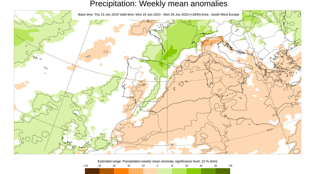 Anomalía de la precipitación prevista para la semana del 19 al 25 de junio