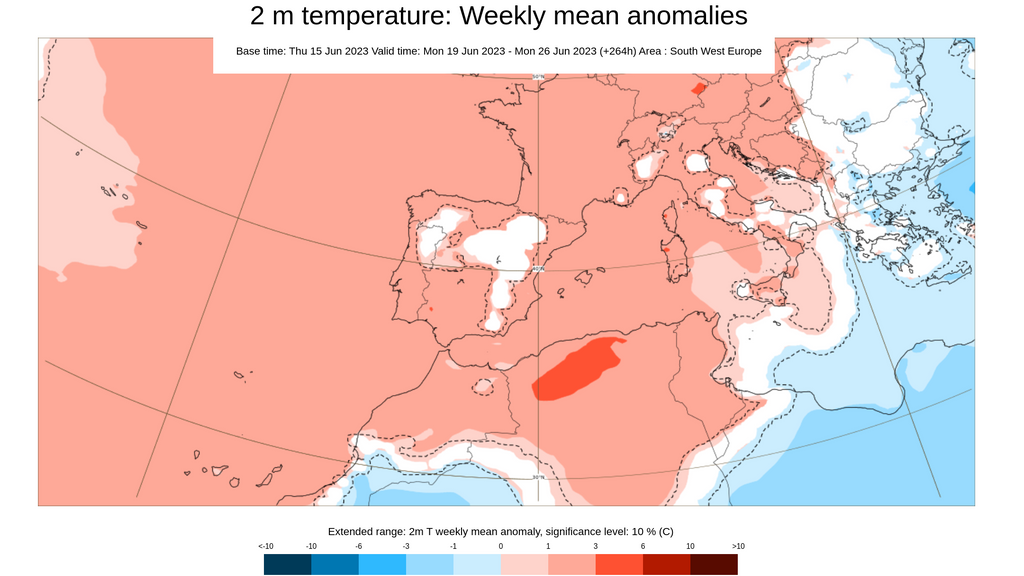 Anomalía de la temperatura prevista para la semana del 19 al 25 de junio
