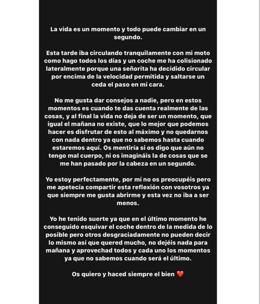 Pol Badía tiene un accidente en la carretera y reflexiona tras haber temido por su vida