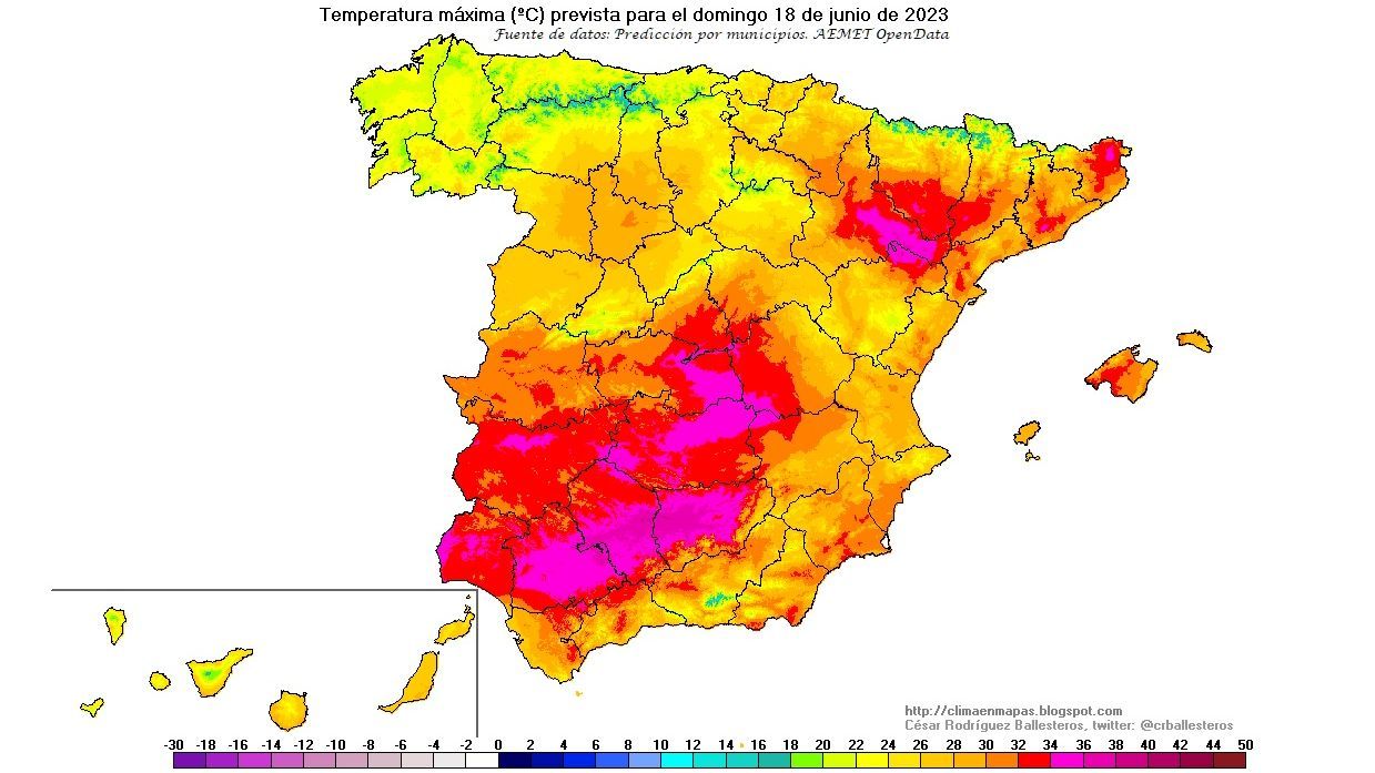 Temperaturas máximas previstas para el domingo 18
