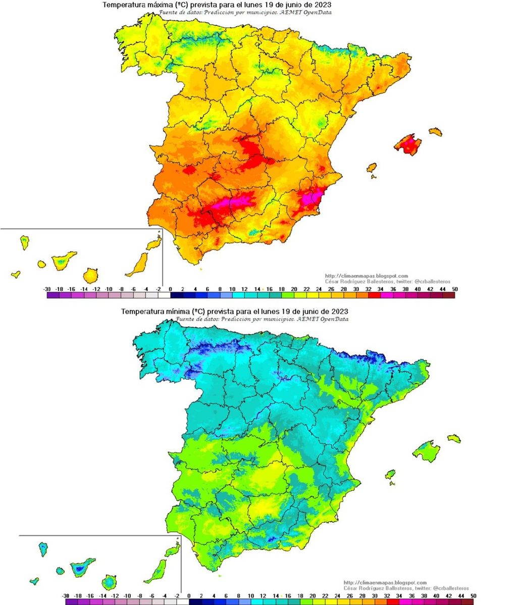 Temperaturas máximas y mínimas previstas para el lunes 19