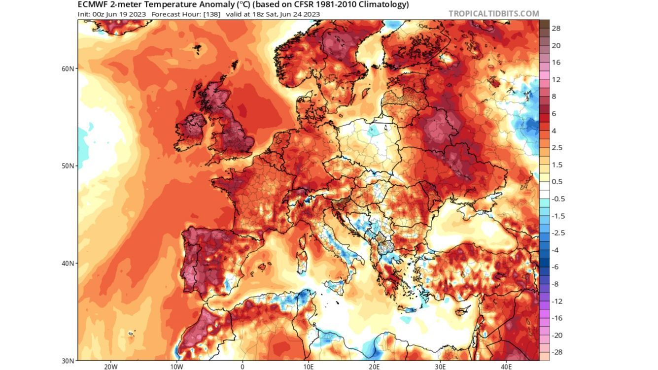 Anomalía de la temperatura prevista para el sábado 24