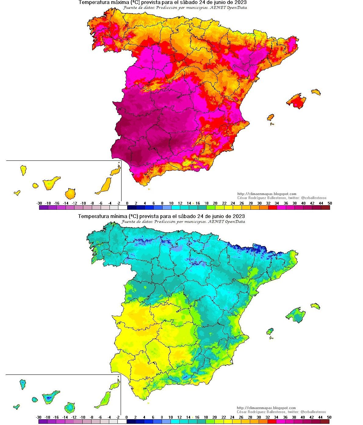 Temperaturas máximas y mínimas previstas para el sábado 24